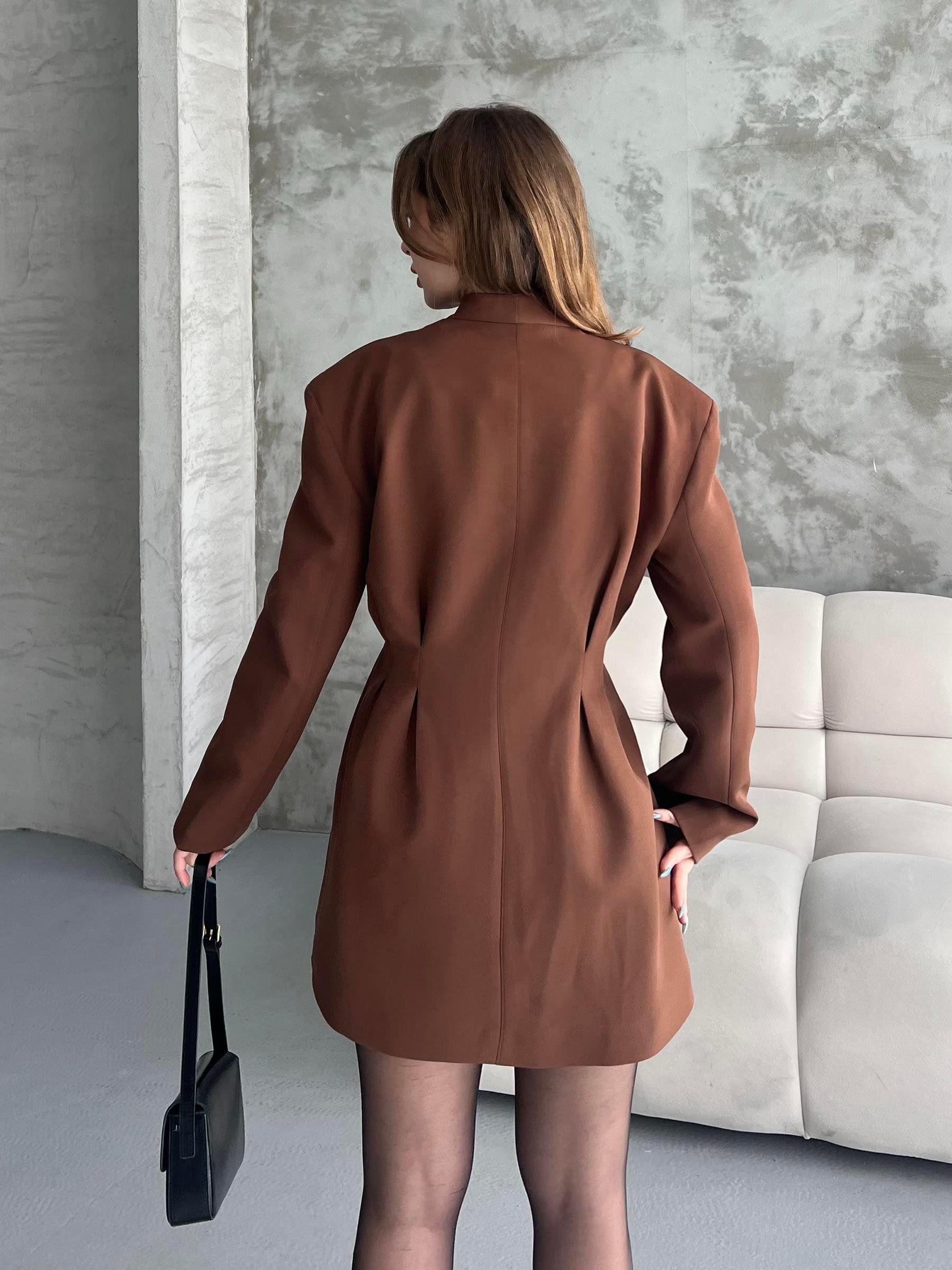 Beli Pileli Kahverengi Blazer Ceket Elbise