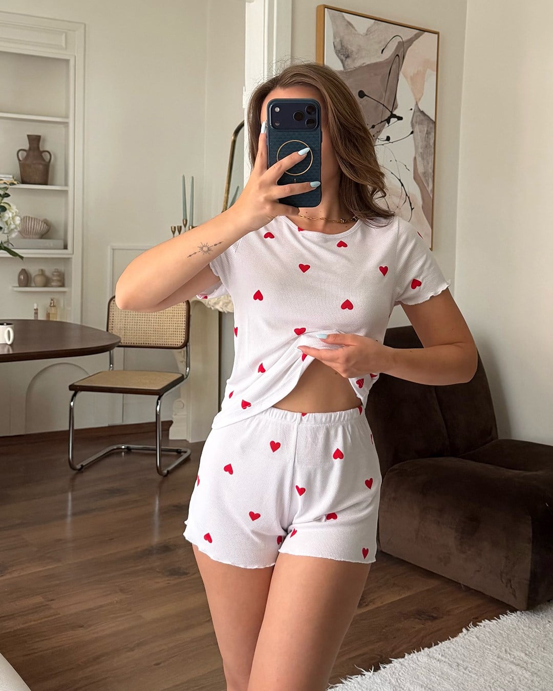 Beyaz Kalpli Kaşkorse Şortlu Pijama Takımı