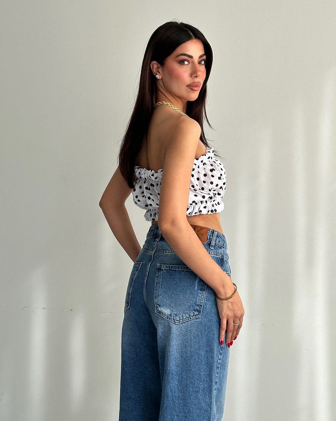 Beyaz Puantiyeli Straplez Crop