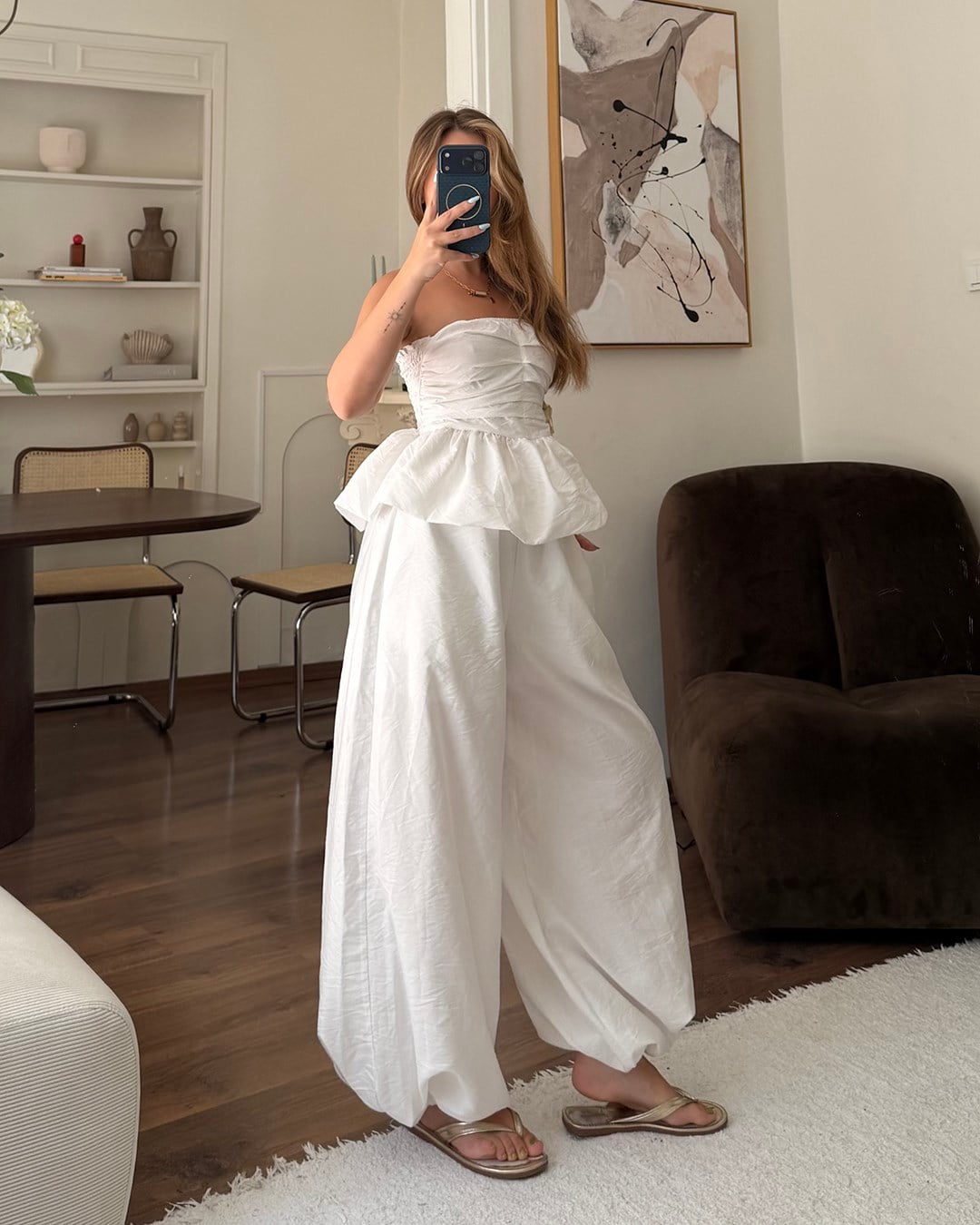 Beyaz Straplez Peplum Büstiyer Pantolon Takım