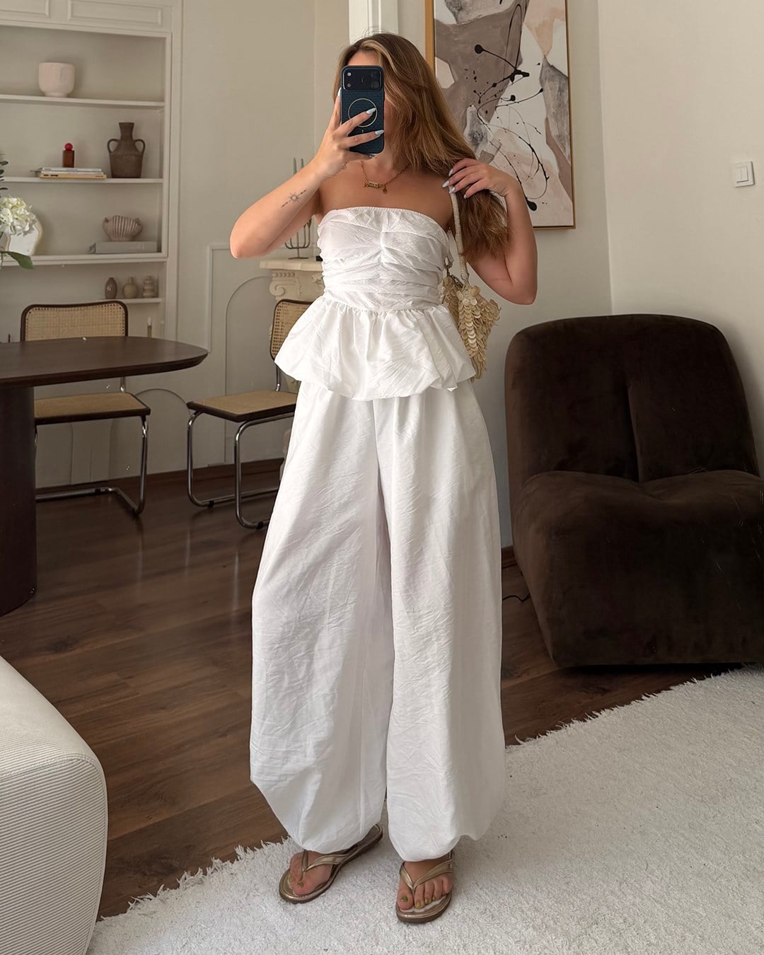 Beyaz Straplez Peplum Büstiyer Pantolon Takım