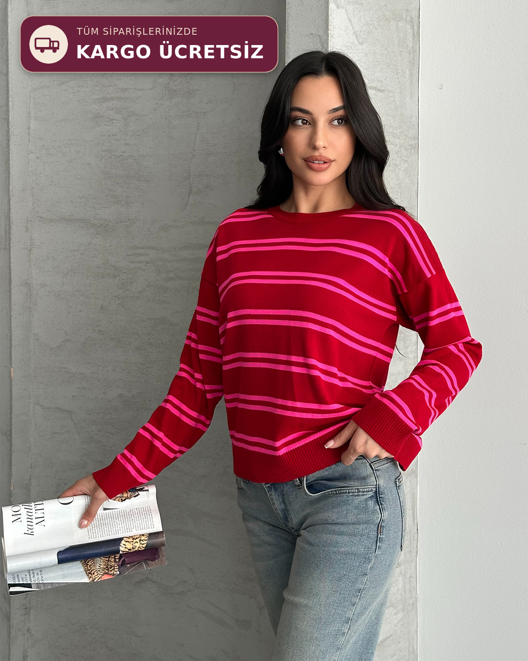 Bisiklet Yaka Çizgili Oversize Kırmızı Triko Kazak