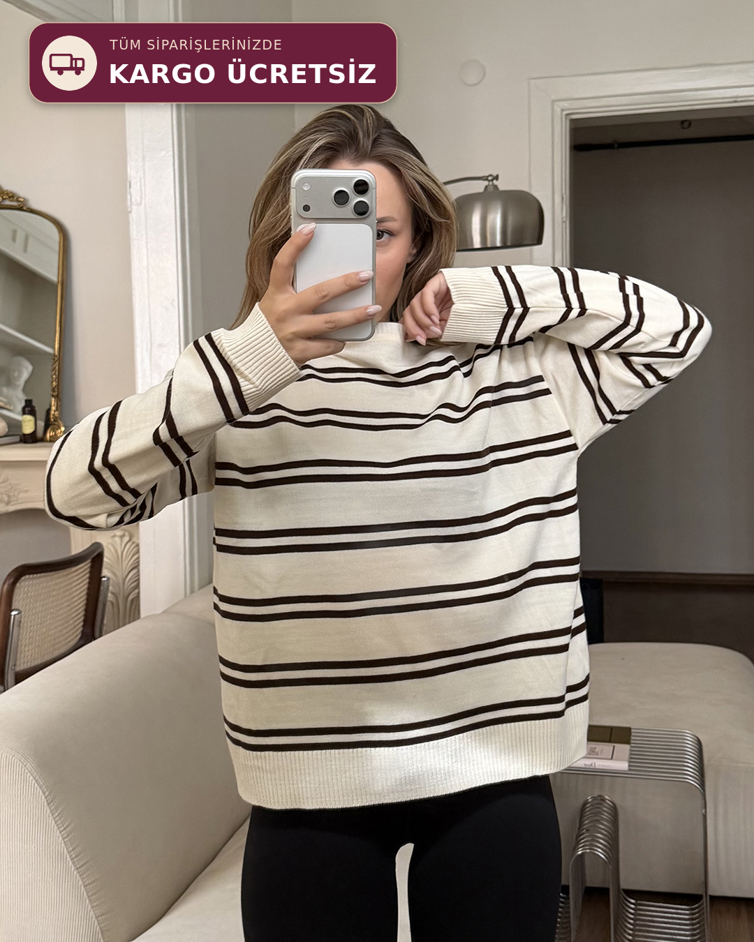 Bisiklet Yaka Çizgili Oversize Krem Triko Kazak