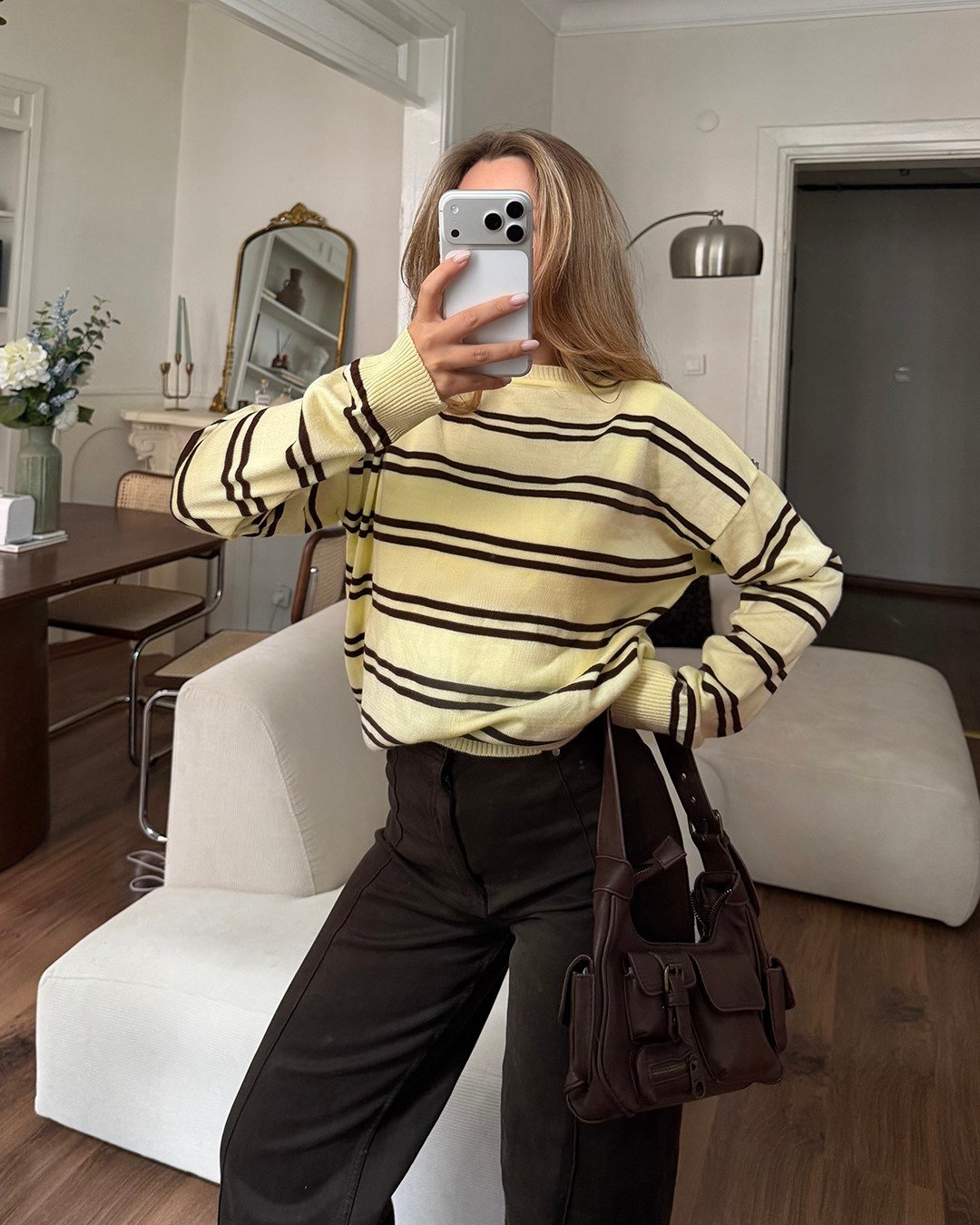 Bisiklet Yaka Çizgili Oversize Sarı Triko Kazak