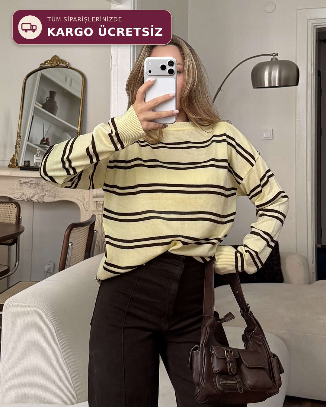 Bisiklet Yaka Çizgili Oversize Sarı Triko Kazak