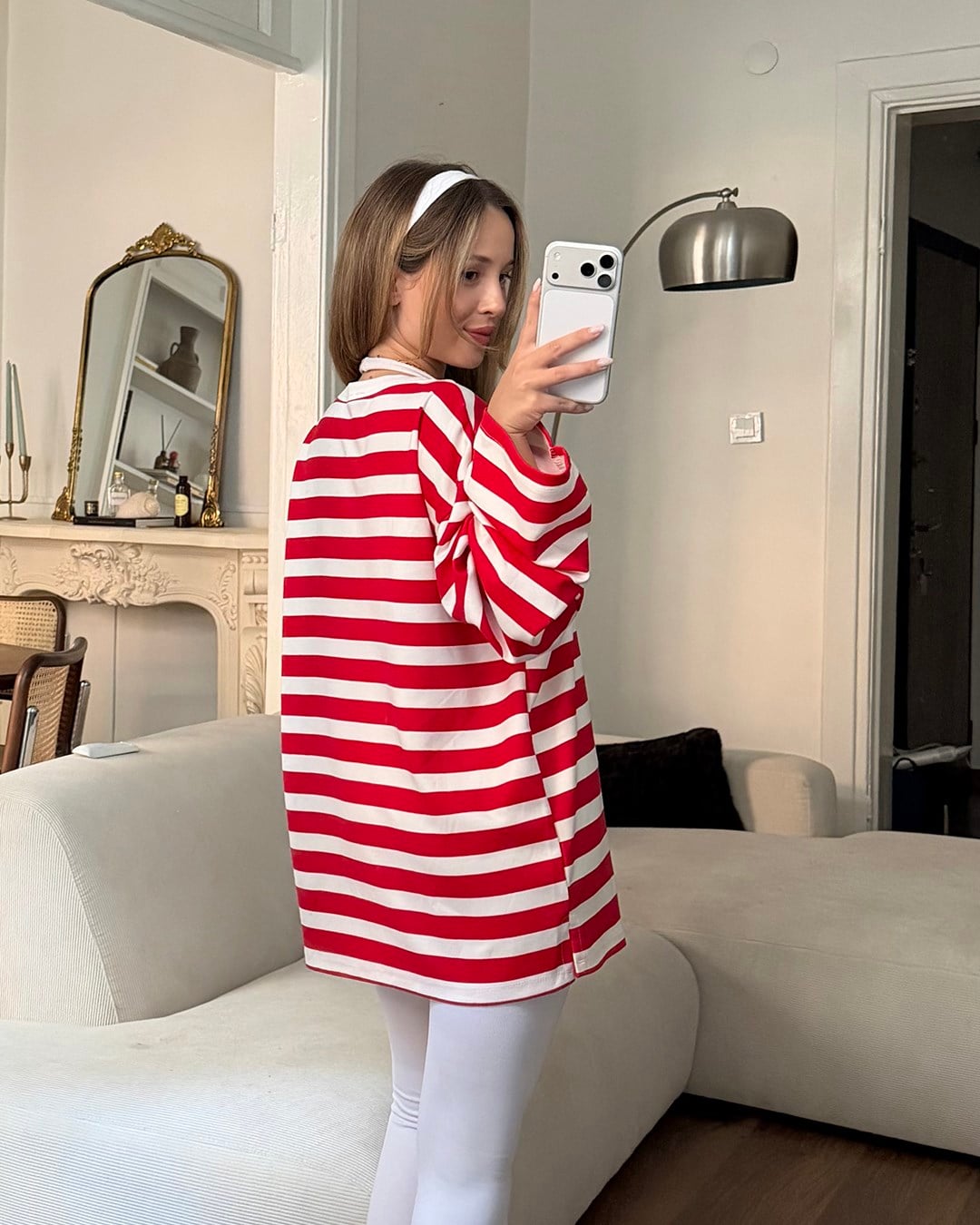 Bisiklet Yaka Çizgili Oversize Uzun Kollu Kırmızı Tişört