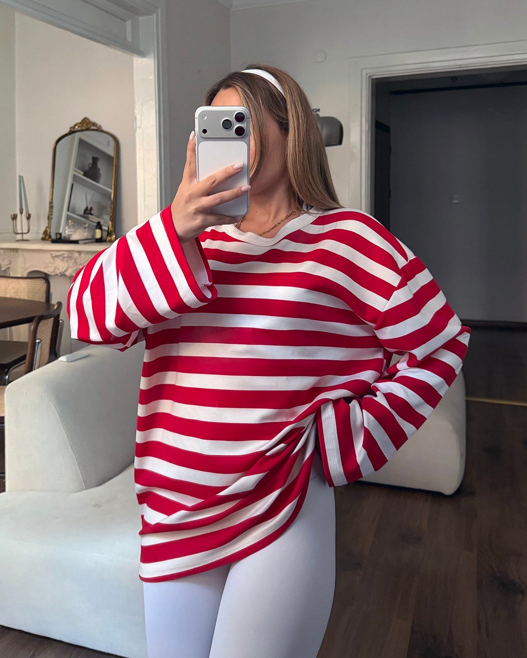 Bisiklet Yaka Çizgili Oversize Uzun Kollu Kırmızı Tişört