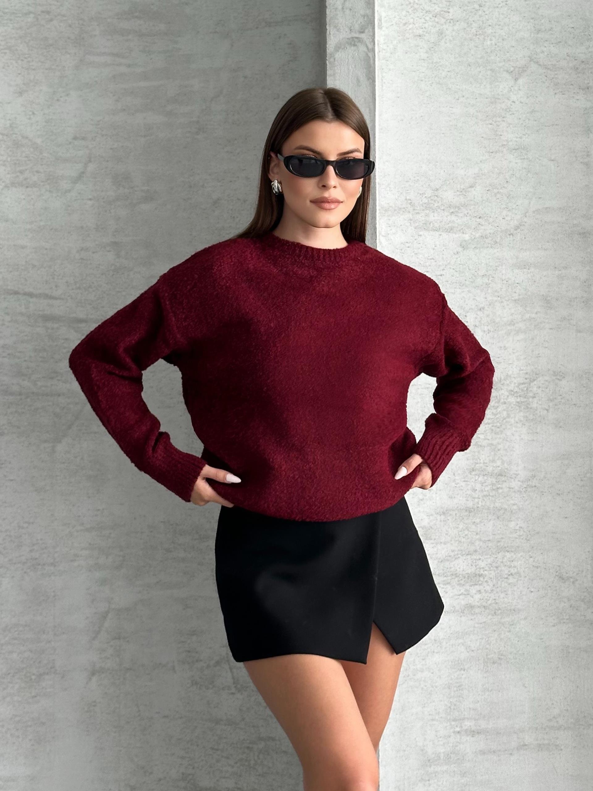 Bisiklet Yaka Yumuşak Bordo Oversize Kazak
