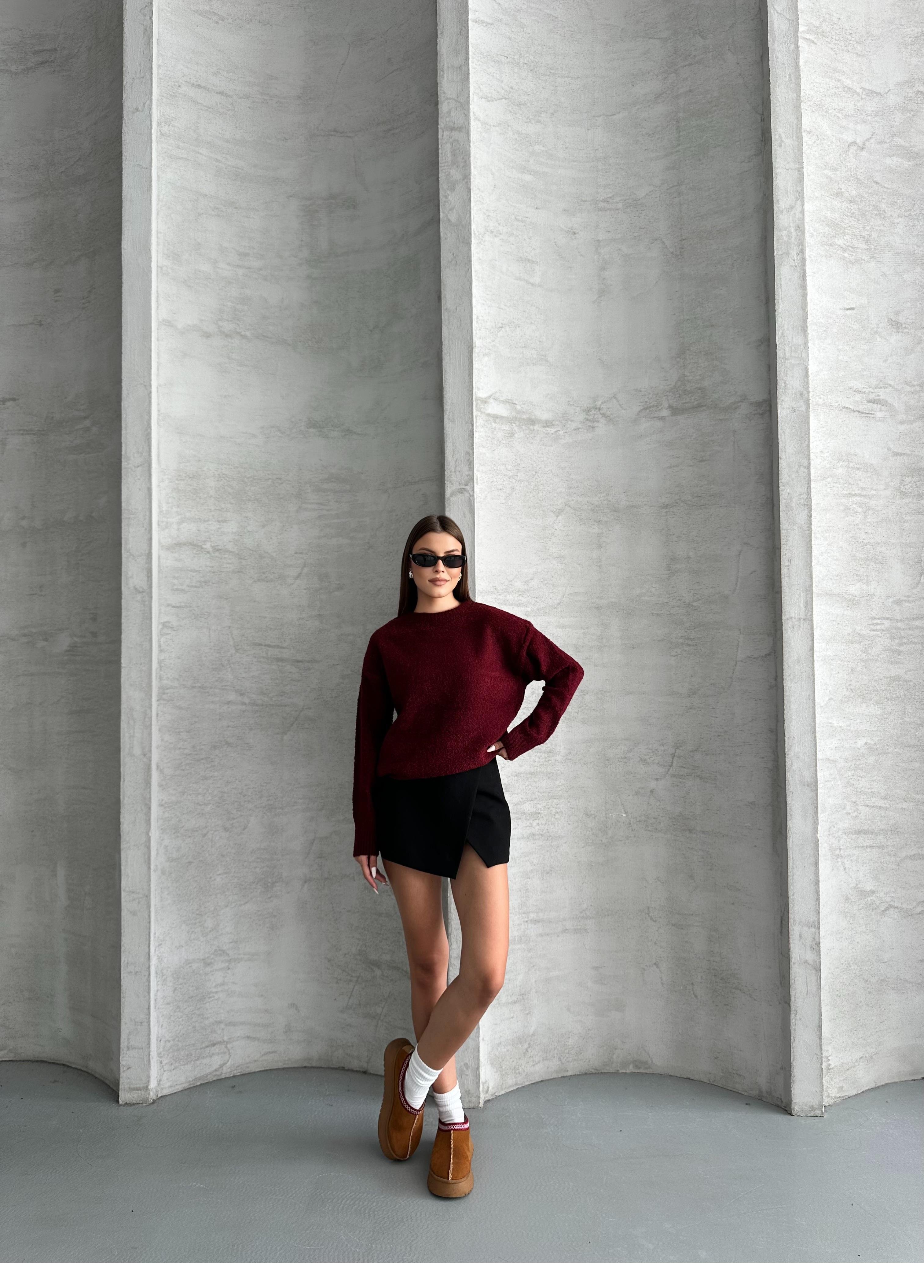 Bisiklet Yaka Yumuşak Bordo Oversize Kazak