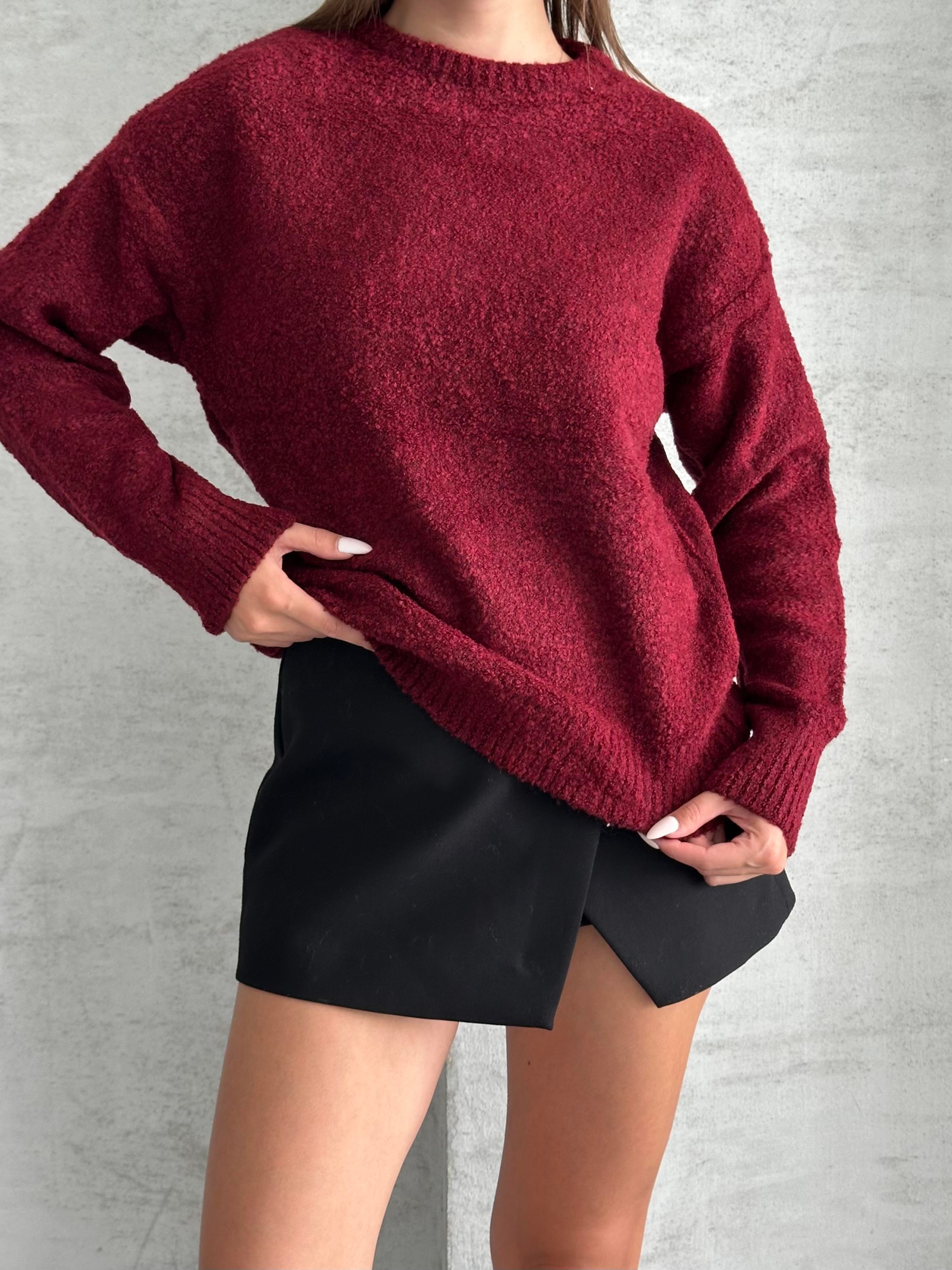 Bisiklet Yaka Yumuşak Bordo Oversize Kazak