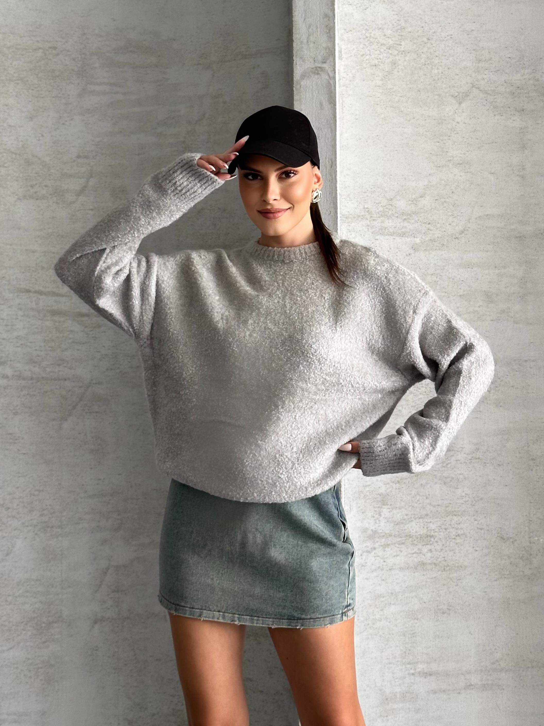 Bisiklet Yaka Yumuşak Gri Oversize Kazak