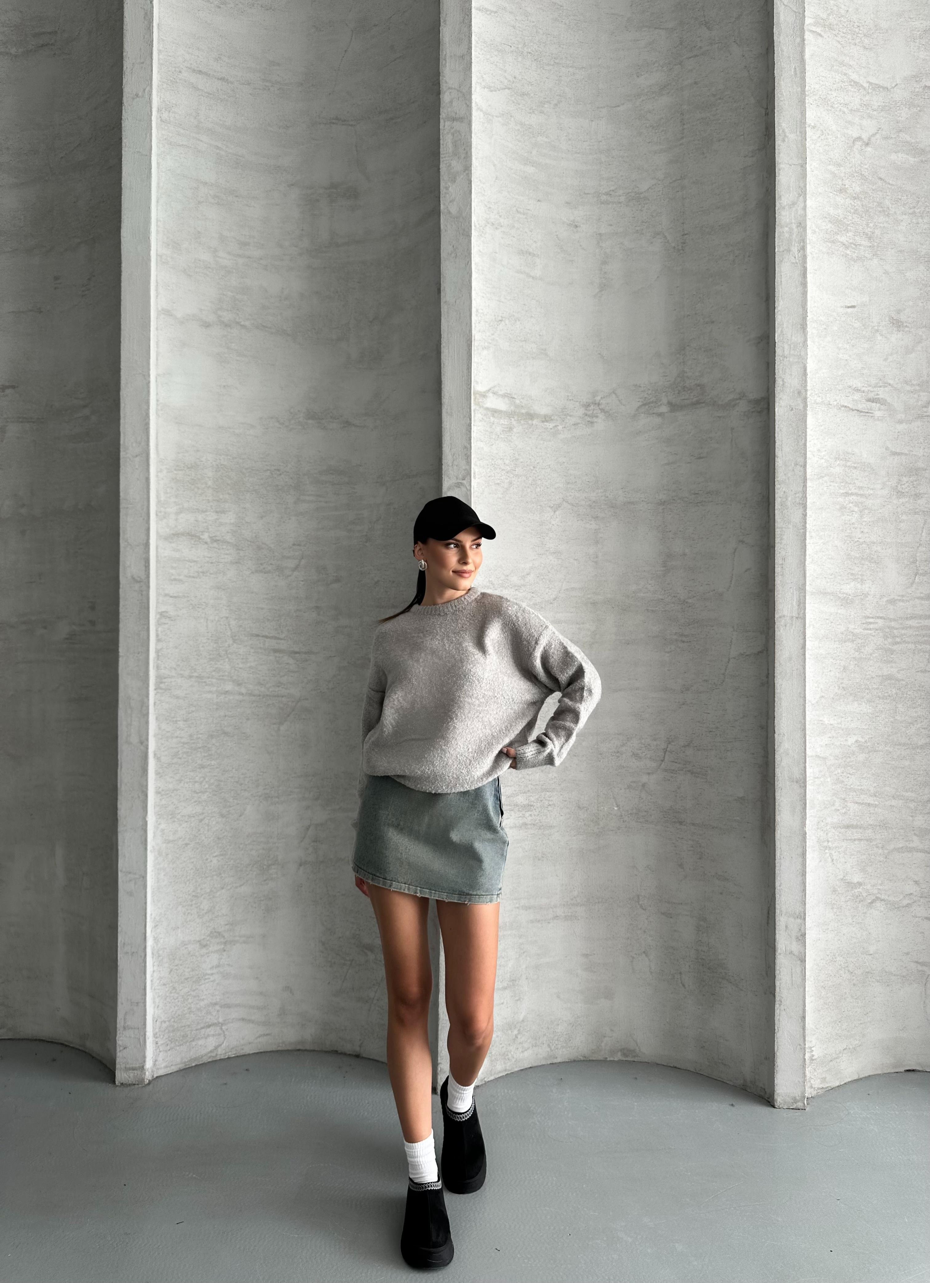 Bisiklet Yaka Yumuşak Gri Oversize Kazak