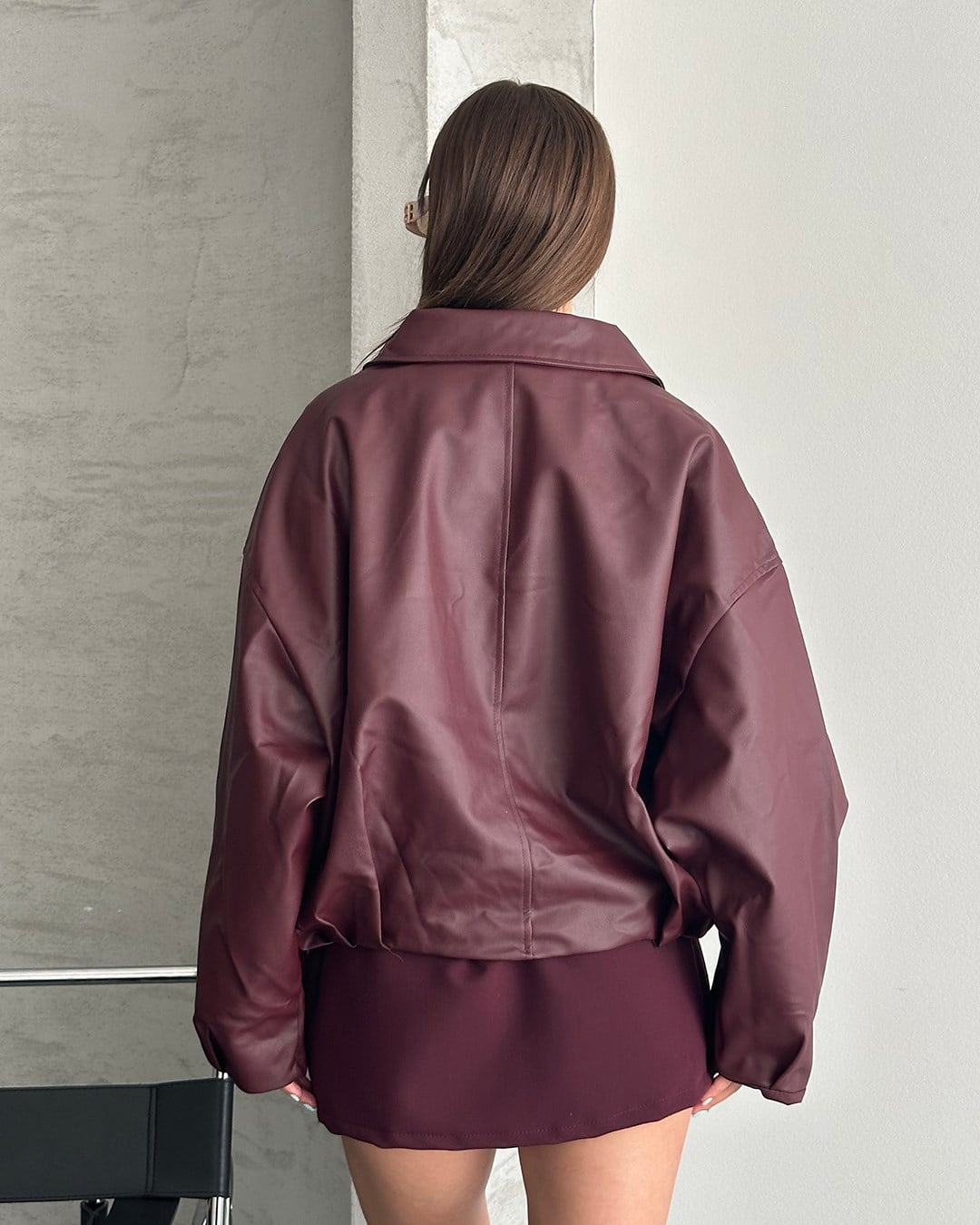 Bordo Deri Bomber Ceket
