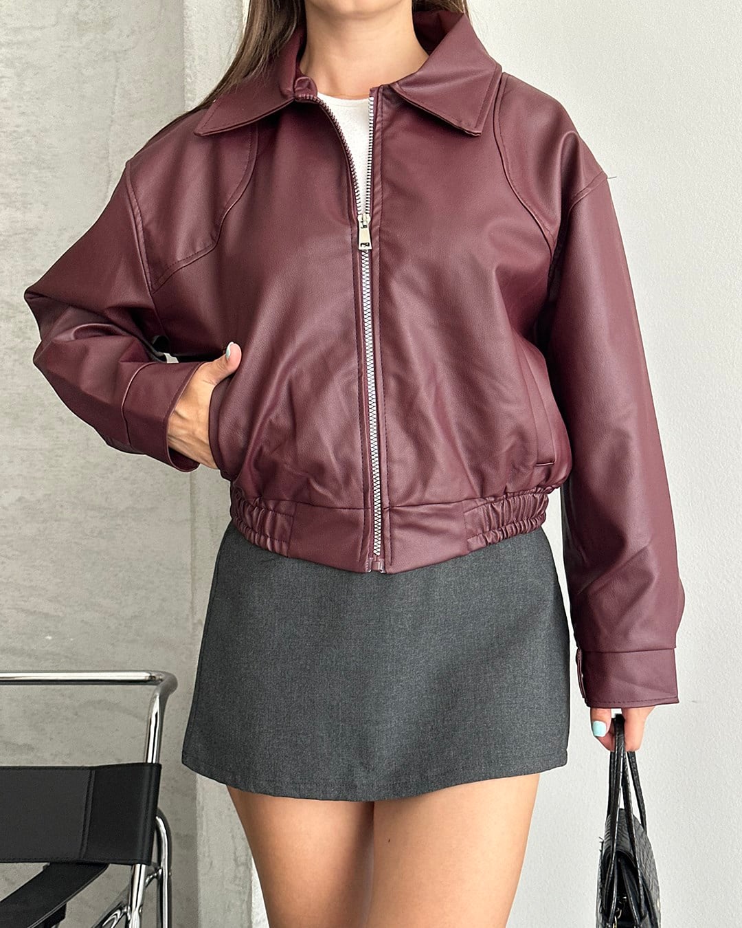 Bordo Deri Bomber Ceket