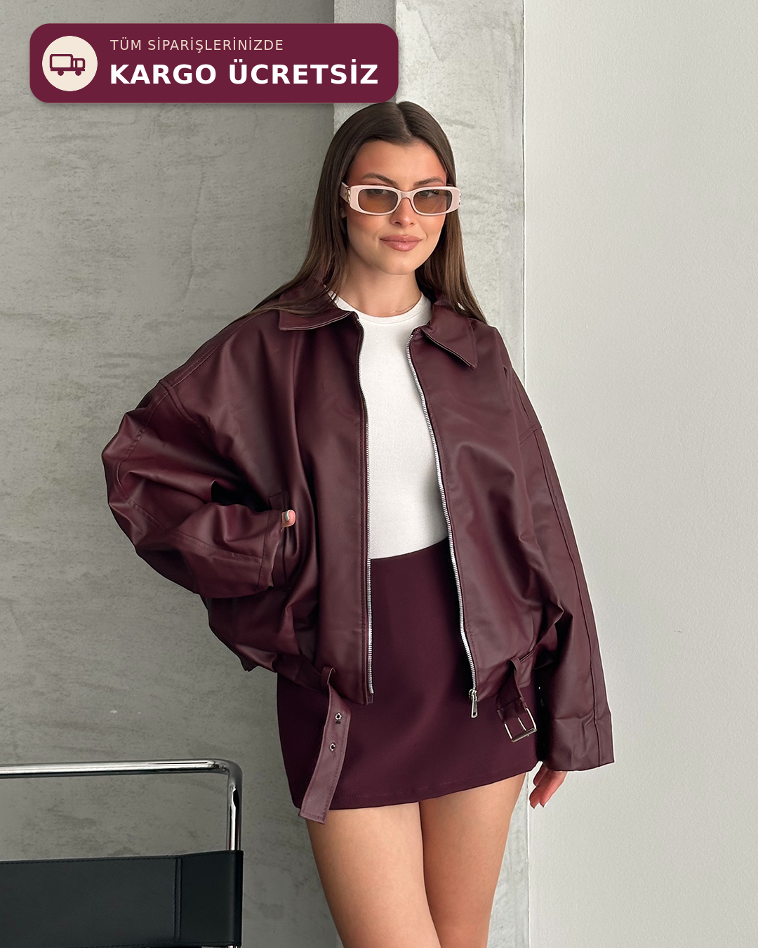 Bordo Deri Bomber Ceket