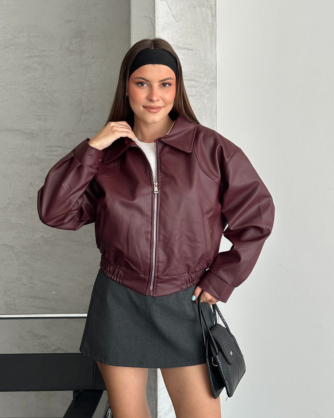 Bordo Deri Bomber Ceket