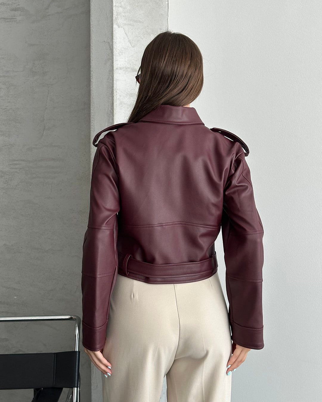 Bordo Kemerli Crop Deri Ceket