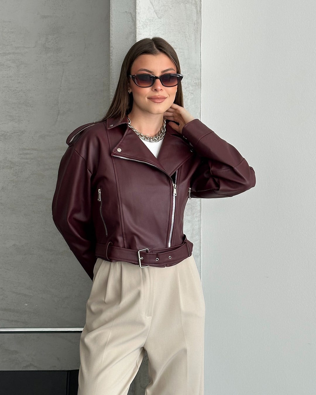 Bordo Kemerli Crop Deri Ceket