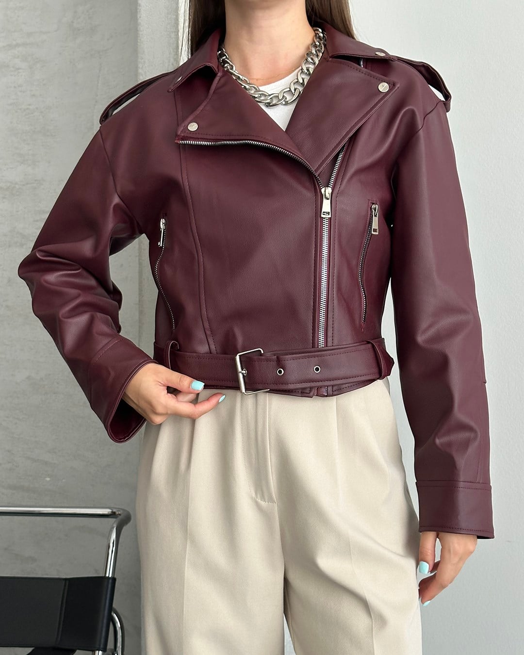 Bordo Kemerli Crop Deri Ceket