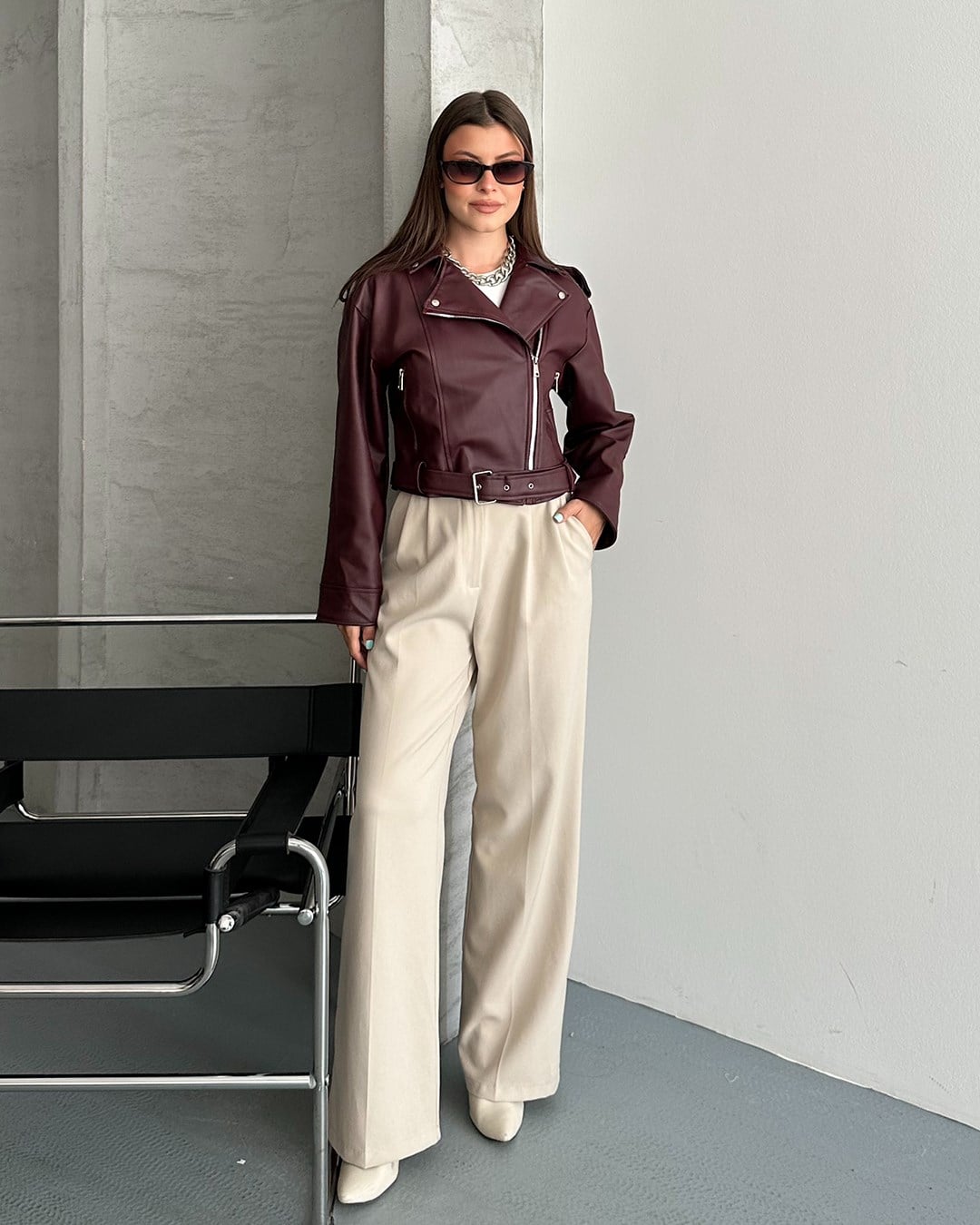 Bordo Kemerli Crop Deri Ceket