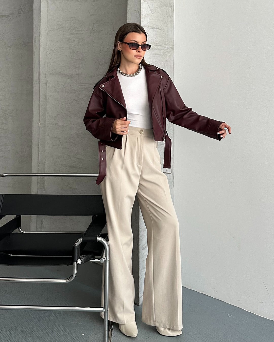 Bordo Kemerli Crop Deri Ceket