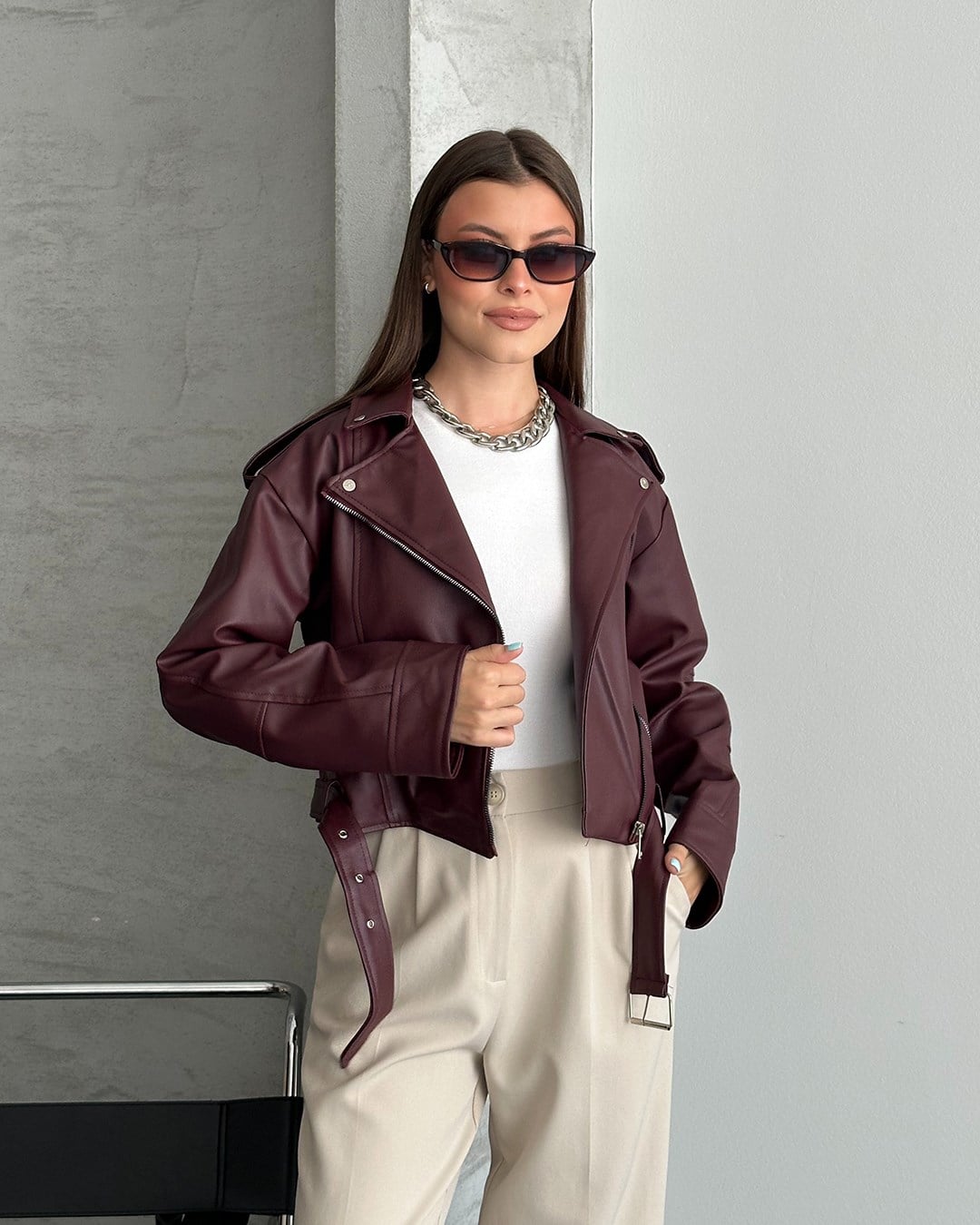 Bordo Kemerli Crop Deri Ceket