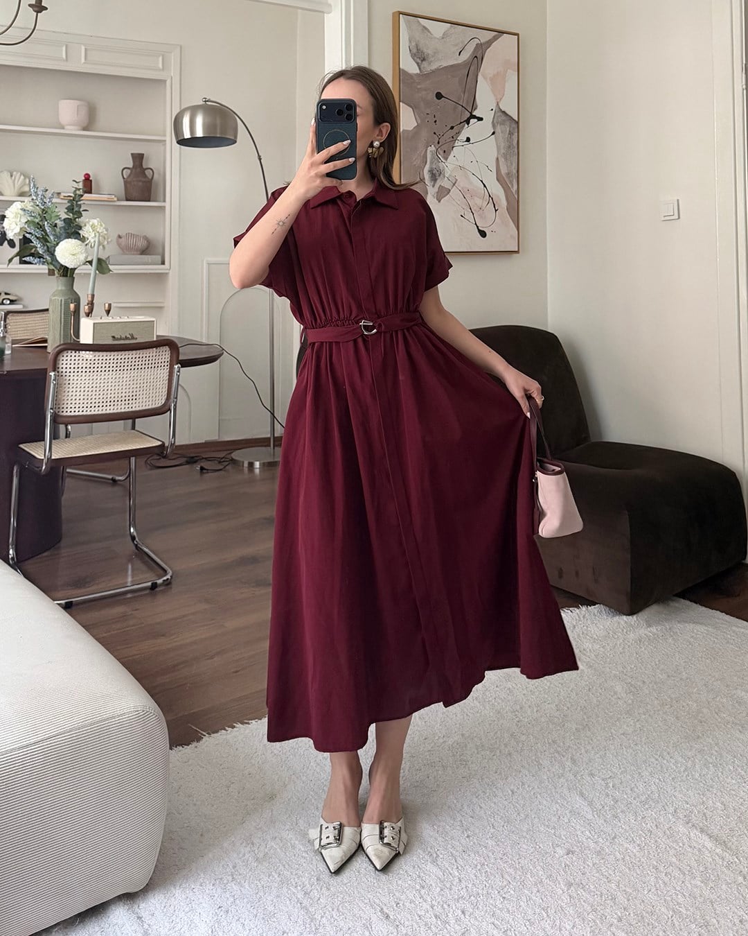 Bordo Kemerli Midi Elbise