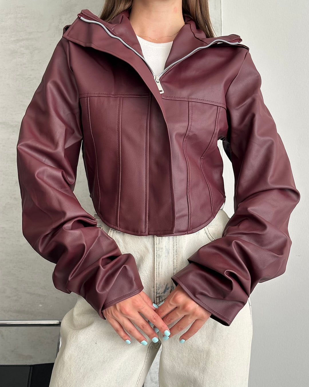 Bordo Korse Detaylı Deri Ceket
