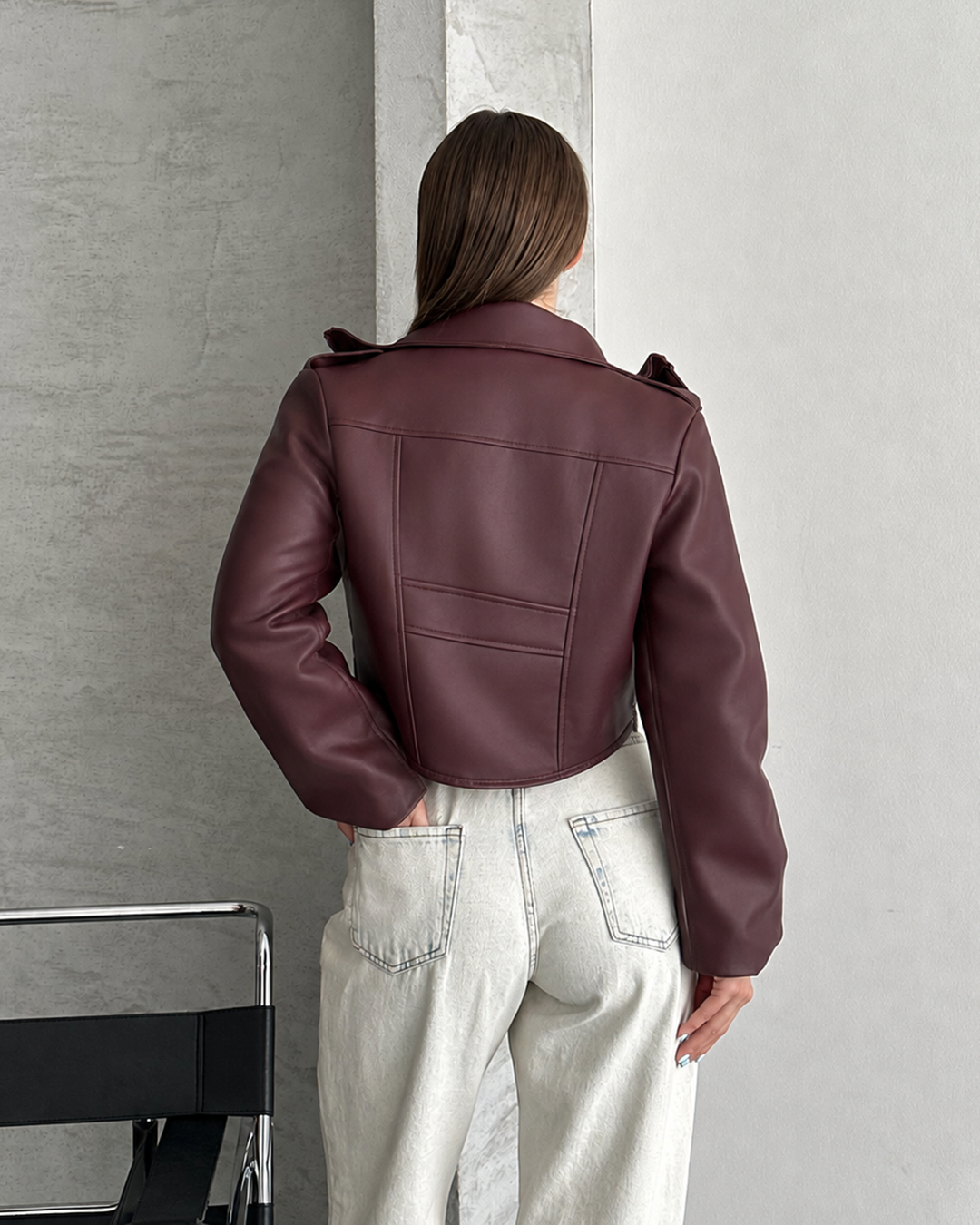 Bordo Korse Detaylı Deri Ceket