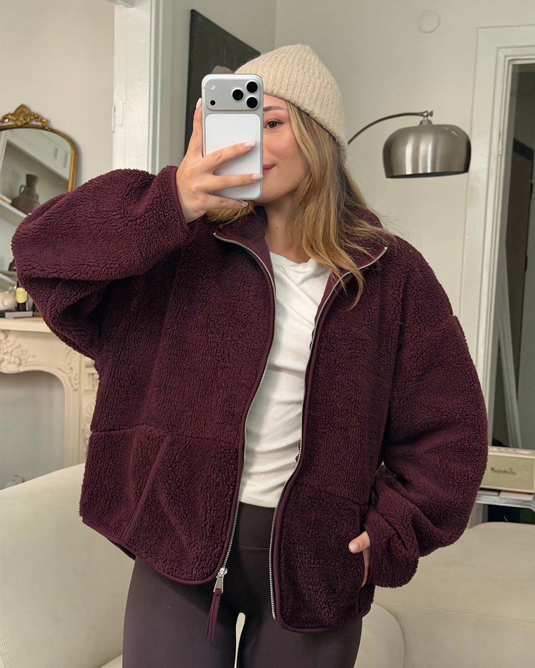 Bordo Peluş Polar Ceket