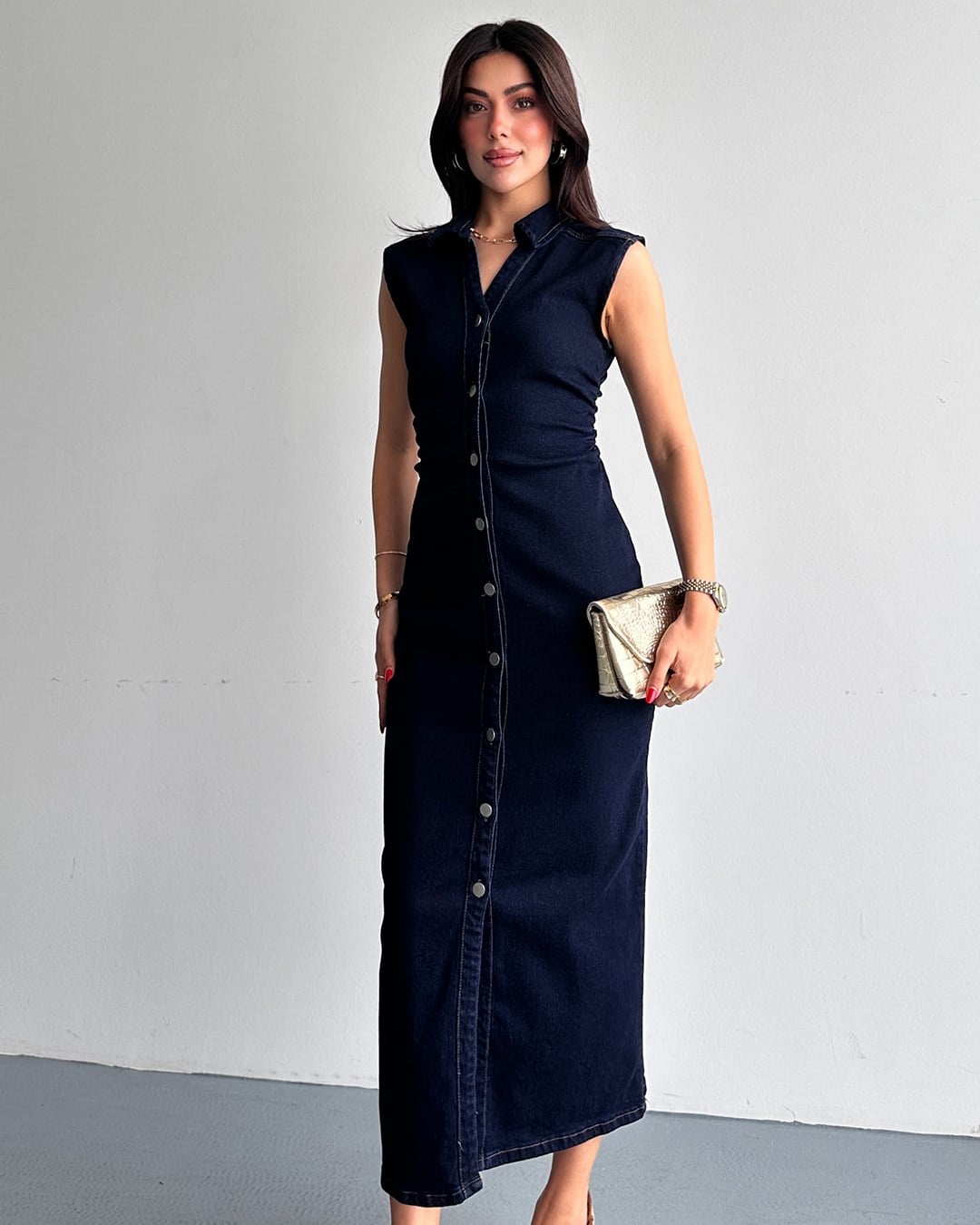 Boydan Düğmeli Denim Maxi Elbise