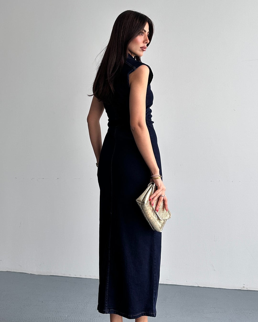 Boydan Düğmeli Denim Maxi Elbise