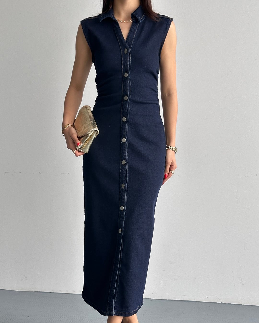 Boydan Düğmeli Denim Maxi Elbise