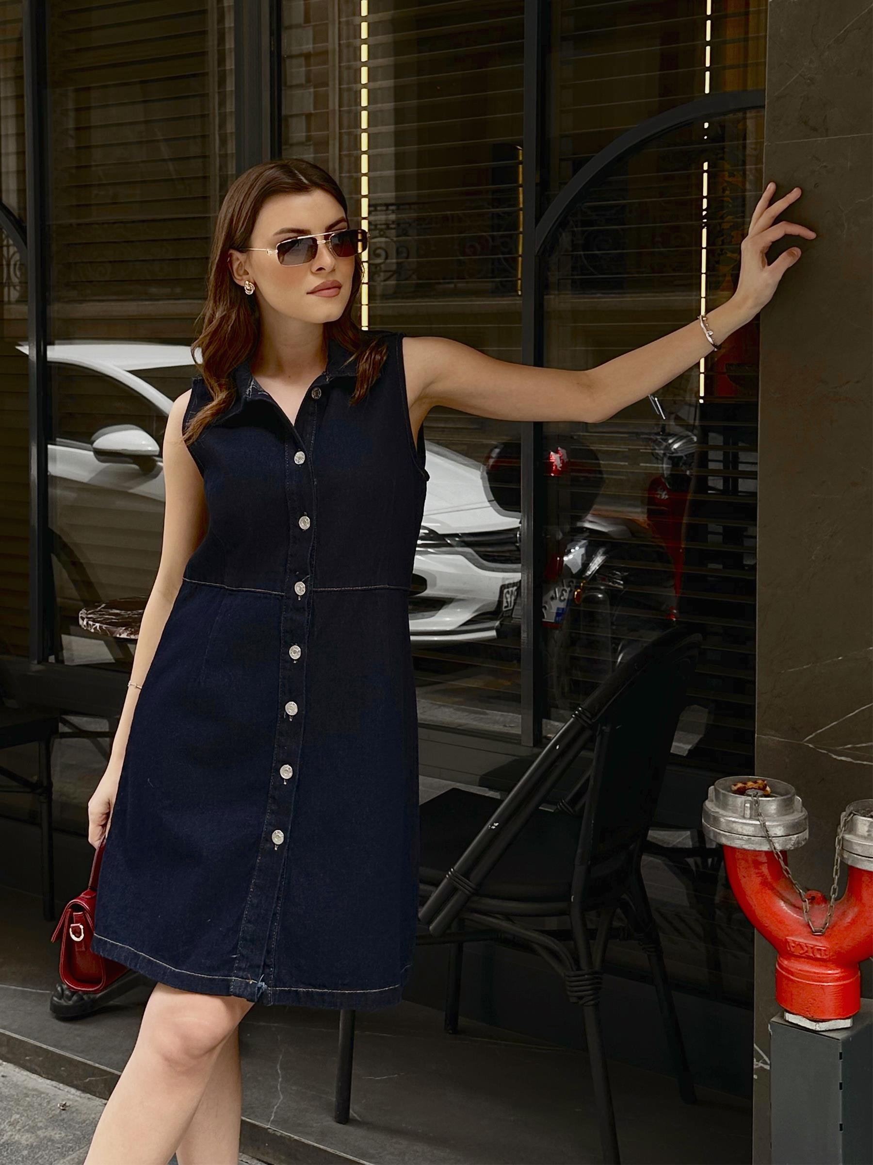 Boydan Düğmeli Kot Elbise