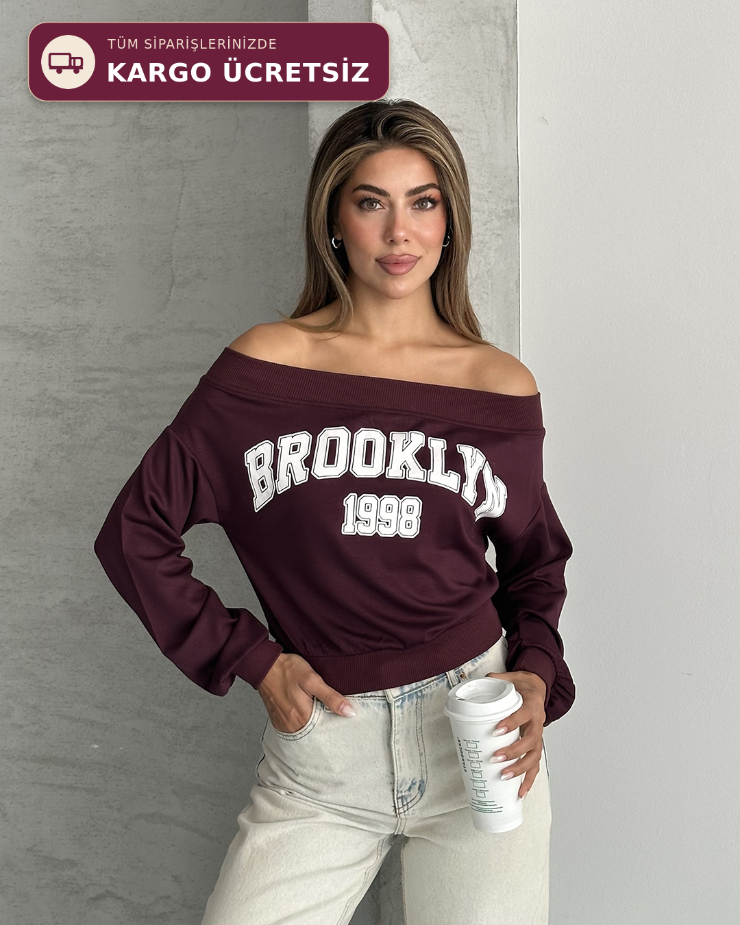 Brooklyn 1998 Baskılı Kayık Yaka Bordo Bluz
