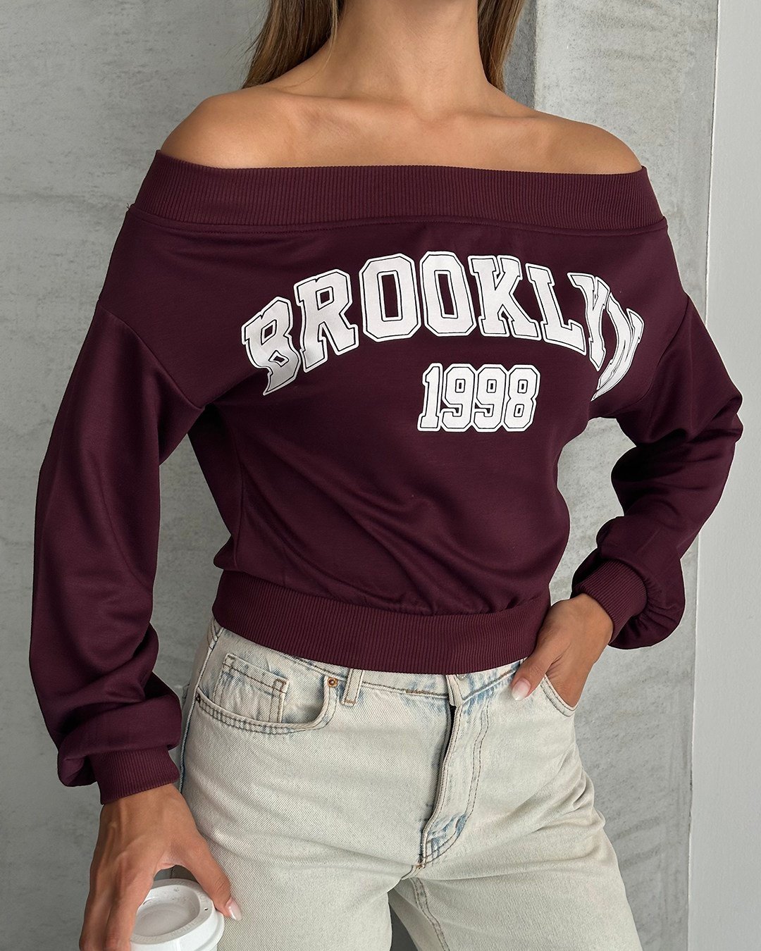 Brooklyn 1998 Baskılı Kayık Yaka Bordo Bluz