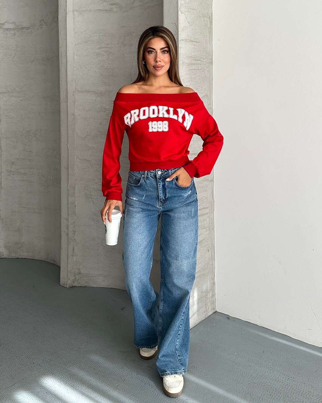 Brooklyn 1998 Baskılı Kayık Yaka Kırmızı Bluz