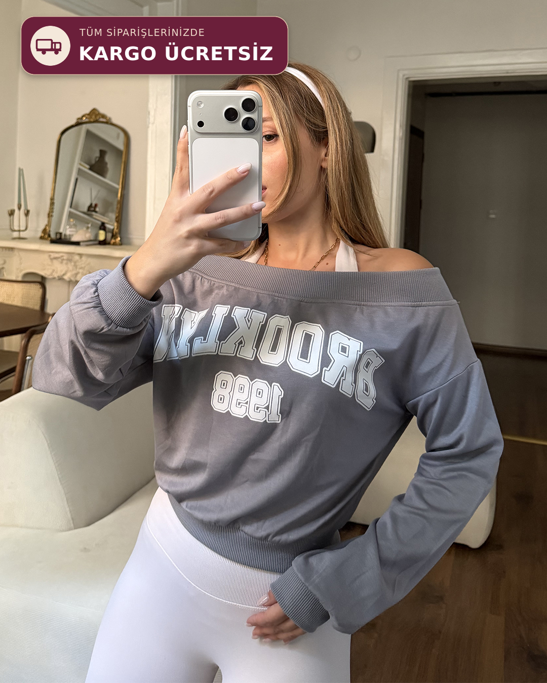Brooklyn 1998 Baskılı Kayık Yaka Sweatshirt