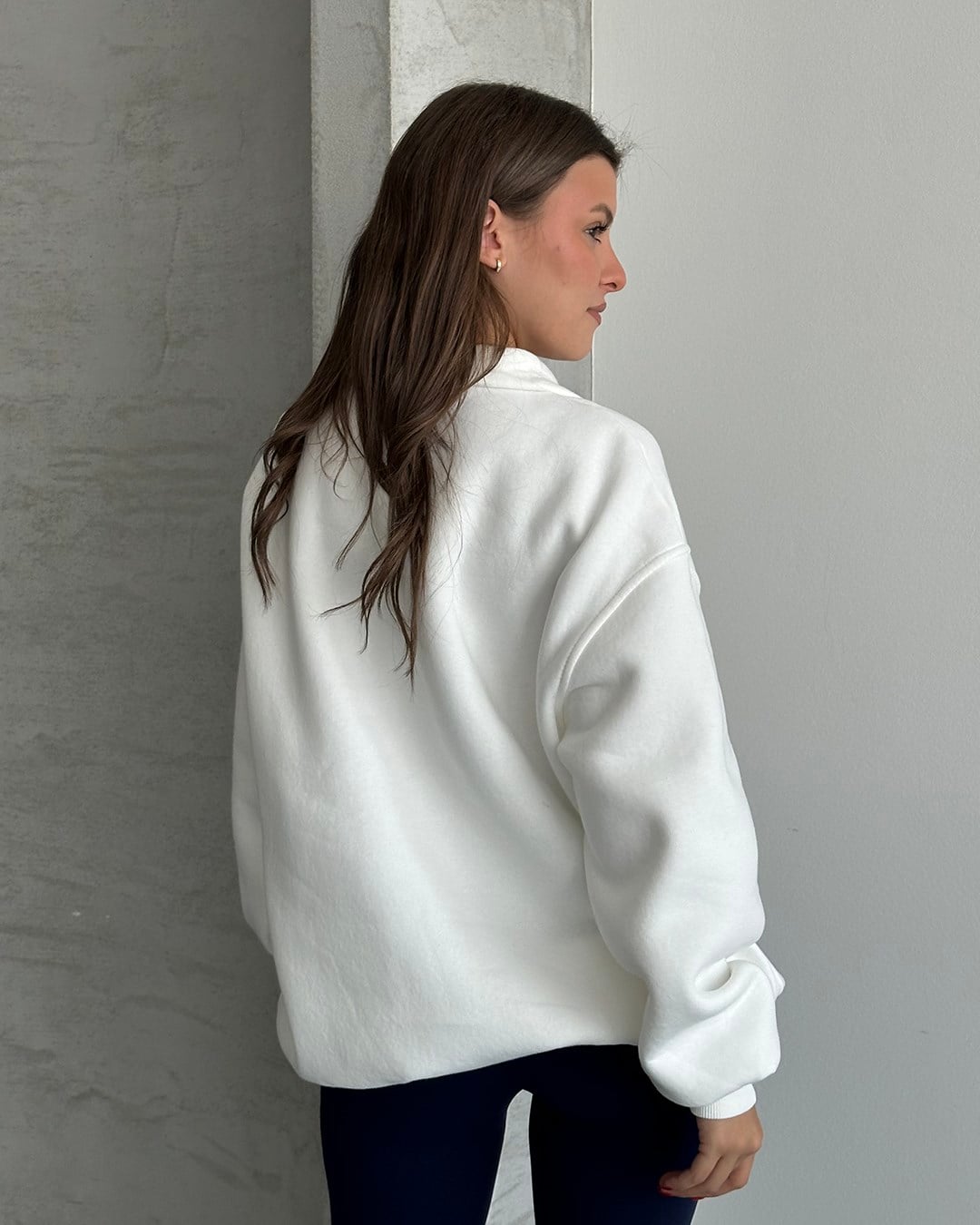 Brooklyn Nakışlı Fermuar Yaka Beyaz Sweatshirt