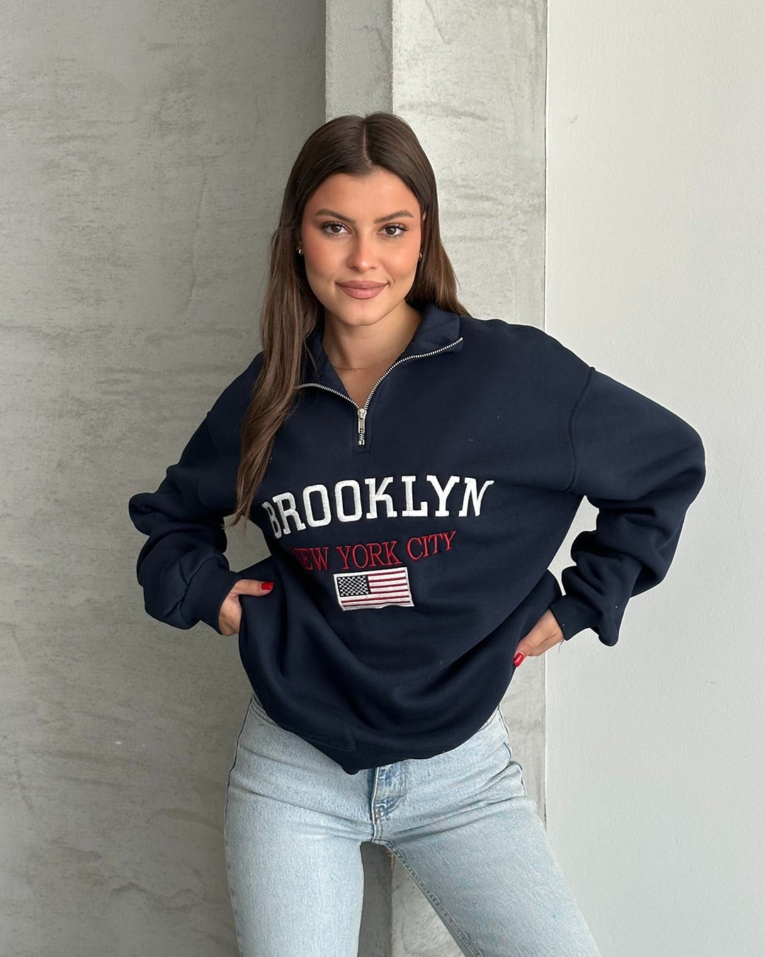 Brooklyn Nakışlı Fermuar Yaka Lacivert Sweatshirt