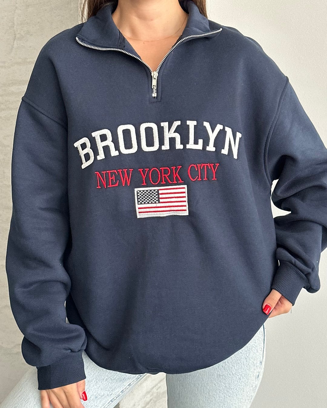 Brooklyn Nakışlı Fermuar Yaka Lacivert Sweatshirt