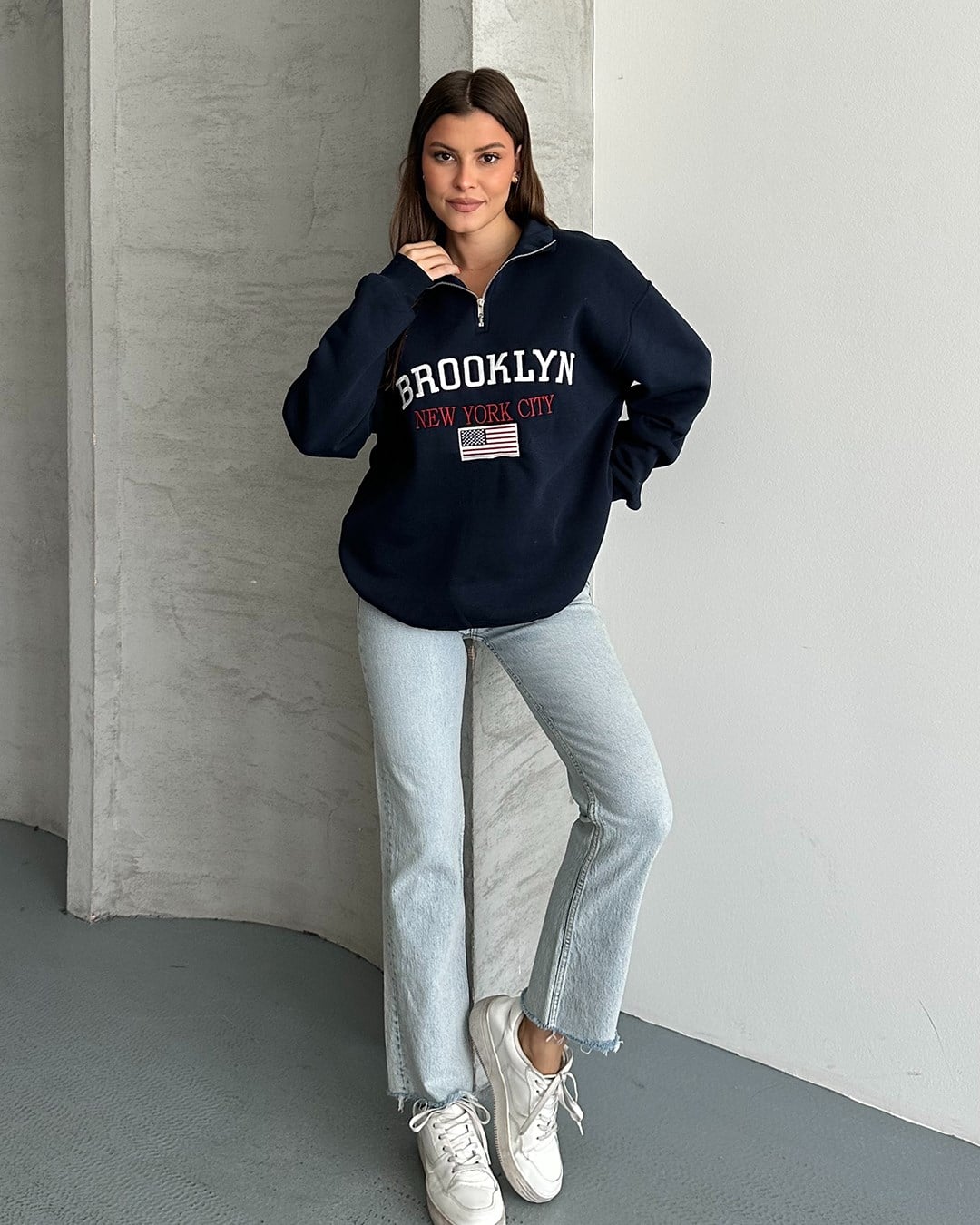 Brooklyn Nakışlı Fermuar Yaka Lacivert Sweatshirt