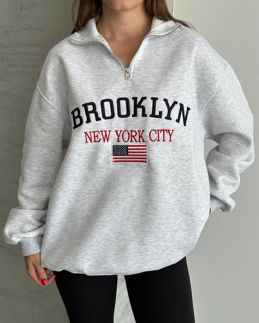 Brooklyn Nakışlı Fermuar Yaka Melanj Sweatshirt