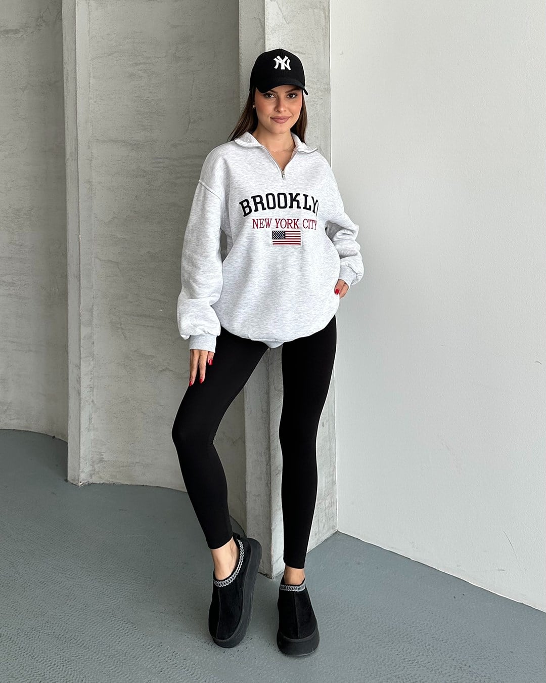 Brooklyn Nakışlı Fermuar Yaka Melanj Sweatshirt