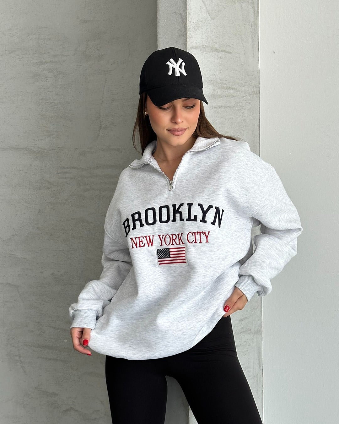 Brooklyn Nakışlı Fermuar Yaka Melanj Sweatshirt