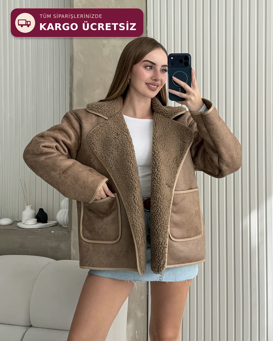Büyük Cepli Casual Taba Deri Ceket