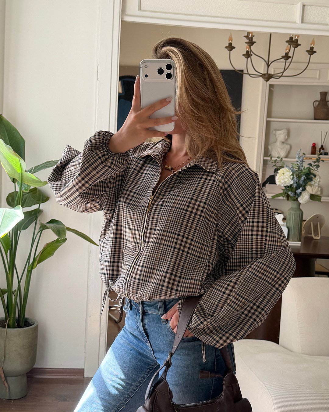 Büzgü Detaylı Ekose Crop Ceket