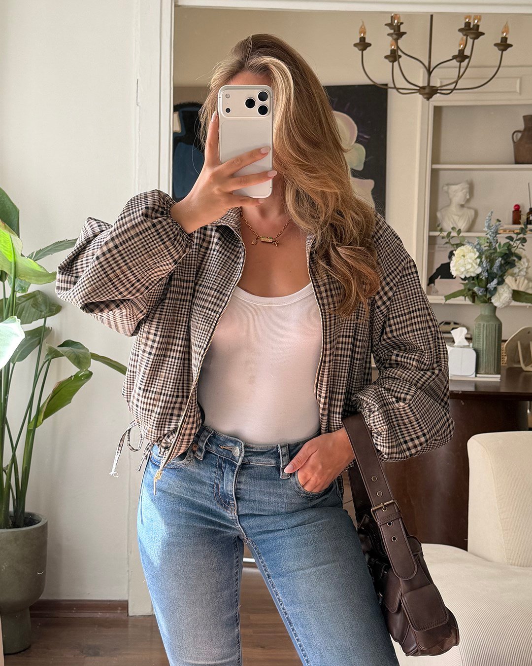 Büzgü Detaylı Ekose Crop Ceket