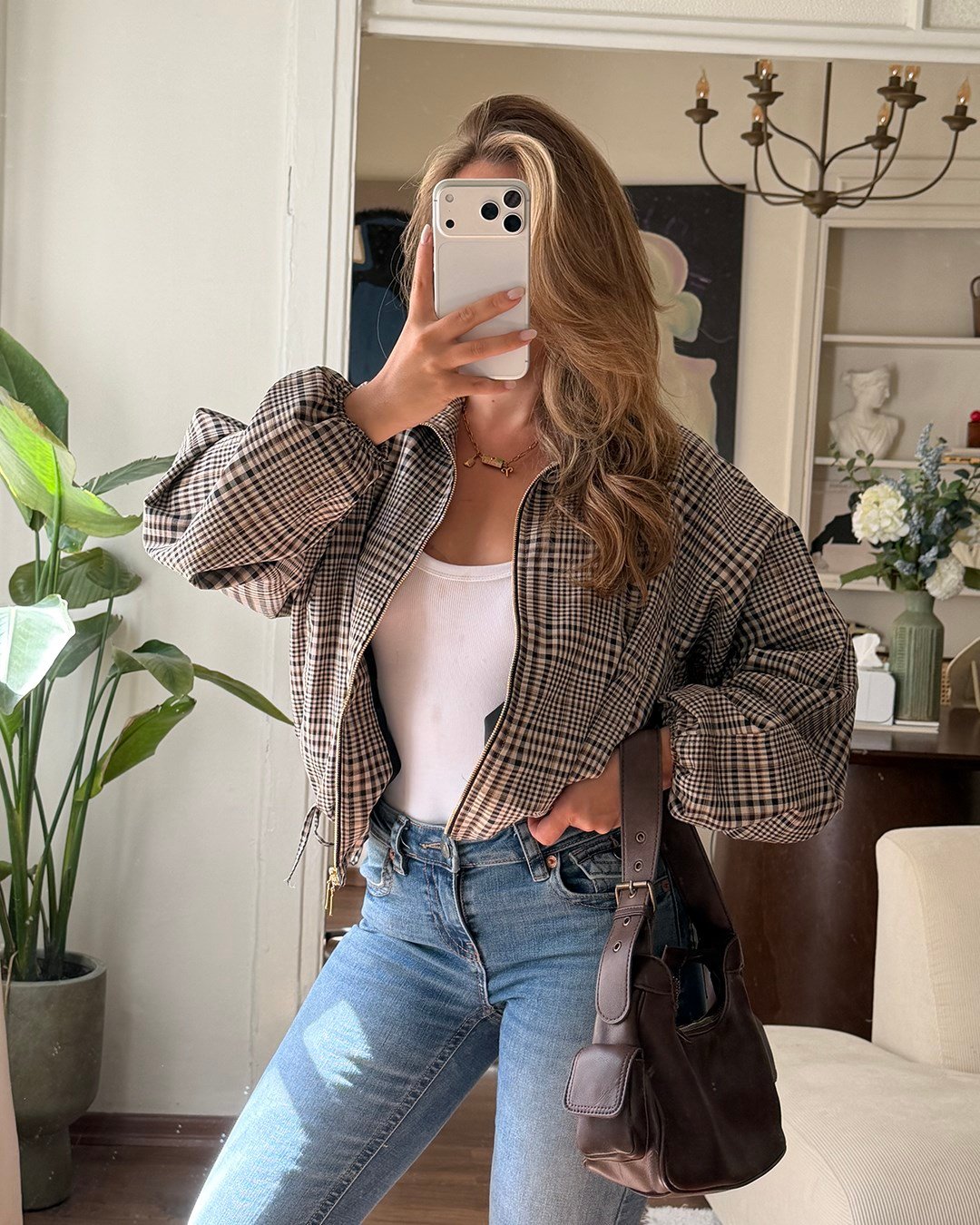 Büzgü Detaylı Ekose Crop Ceket