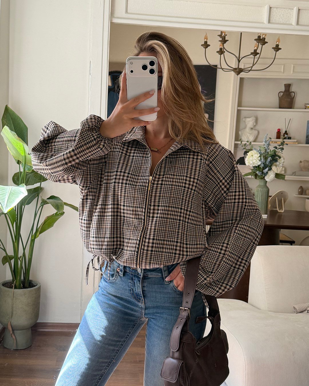 Büzgü Detaylı Ekose Crop Ceket